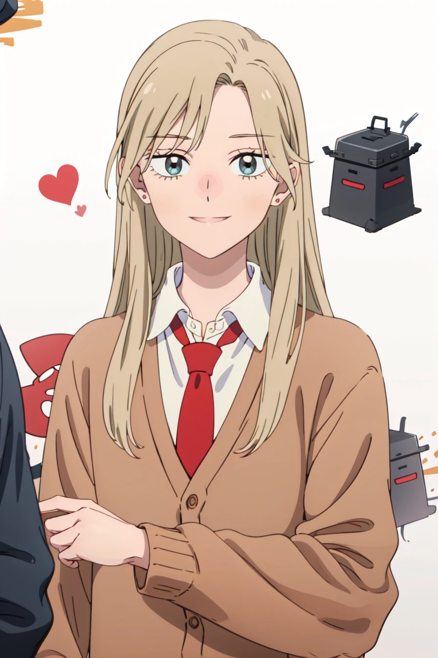 best anatomy, detailed eyes, perfect eyes, yuzukiv1, long hair, grey eyes, 1girl, solo, looking at viewer, smile, blue eyes, skirt, blonde hair, simple background, shirt, long sleeves, white background, school uniform,  white shirt, pleated skirt, necktie, shoes, socks, collared shirt, blue skirt, kneehighs, brown footwear, cardigan, red necktie, black socks, loafers, upper body, portrait, Leaning against a wall, <lora:YuzukiV1:0.9>