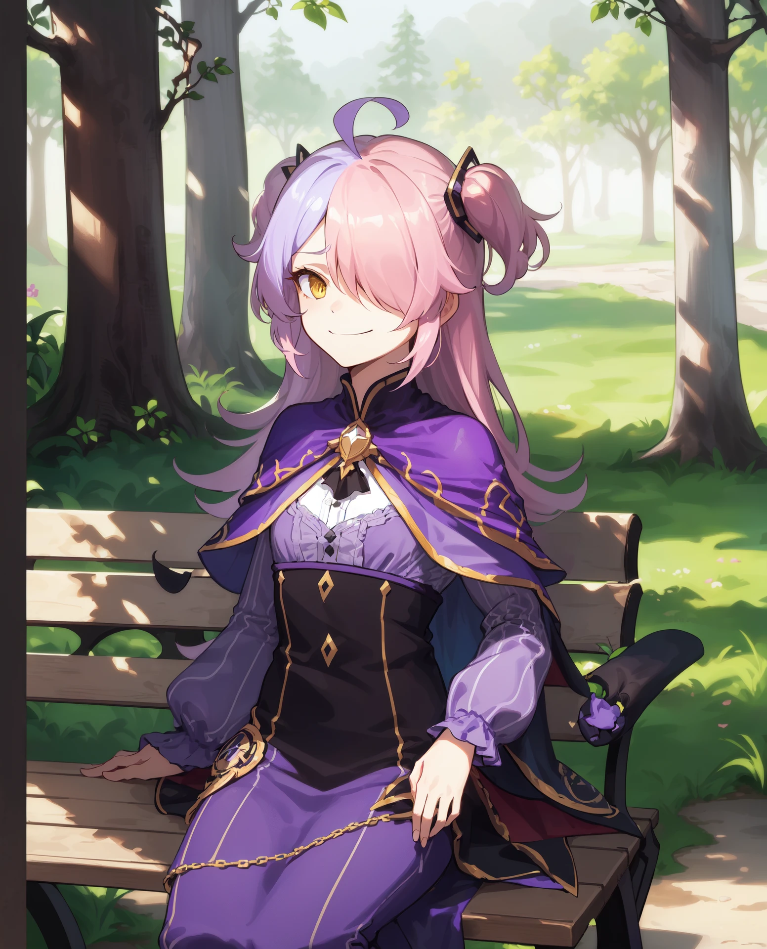 ((masterpiece, best quality, high detailed:1.2)), 8k uhd, 1girl, slender, solo, <lora:SinMal_MultiVersionV1-08:0.8>, sin gakuen alter, sin alter dress, ((closed mouth, smirk:1.2)), ((small breasts, purple dress:1.4)), long hair, ((two tone hair, pink hair)), ((capelet:1.4)), sitting, bench, forest, trees, ((cowboy shot, facing viewer:1.2)), day, vivid colors, ((petite, two side up, hair covering one eye, long sleeves))