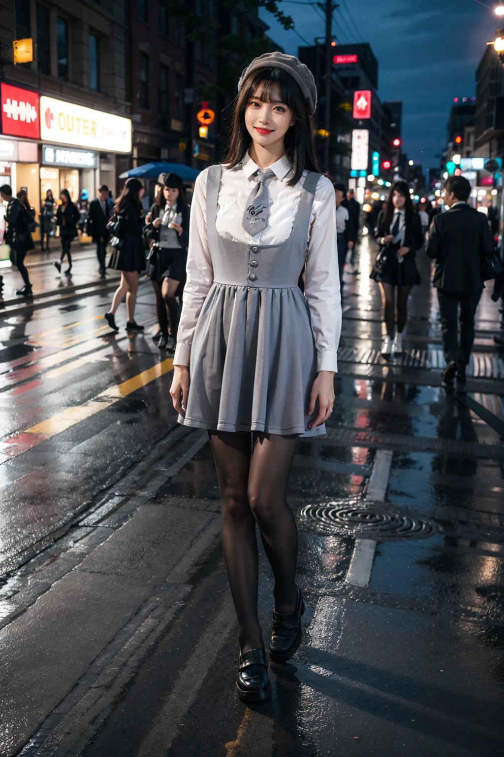 best quality, quality, masterpiece, photorealistic, 1girl, solo, long black hair, straight hair, blunt bangs, looking at viewer, smile, cyb dress, cyb shirt, cyb skirt, necktie, suspender skirt, suspenders, hat, black pantyhose, shoes, street, shop, sidewalk, city, night, neon light, crowd, colorful, <lora:dating_attire_style4_v1:0.65>