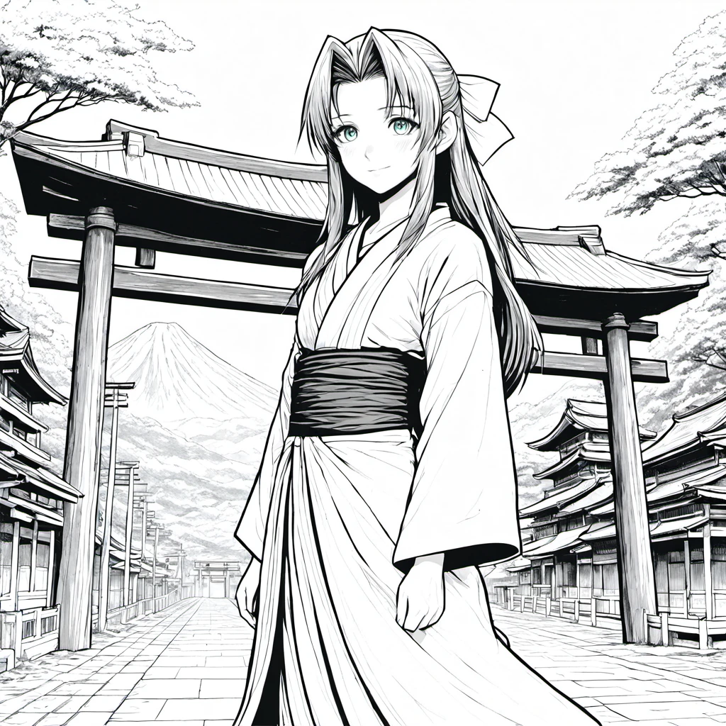 aerithxl, 1girl, 20 years old, wearing yukata, torii, lineart, lineaniaf, colorless