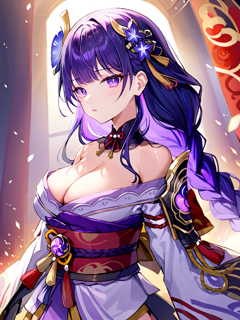 ultra-detailed,(best quality),((masterpiece)),(highres),original,extremely,<lora:leishen20:0.8>,leishen,raiden shogun,
1girl,purple hair,long hair,braid,hair ornament,purple eyes,mole,cleavage,shoulder armor,kimono,long sleeves,wide sleeves,sash,obi,tassel