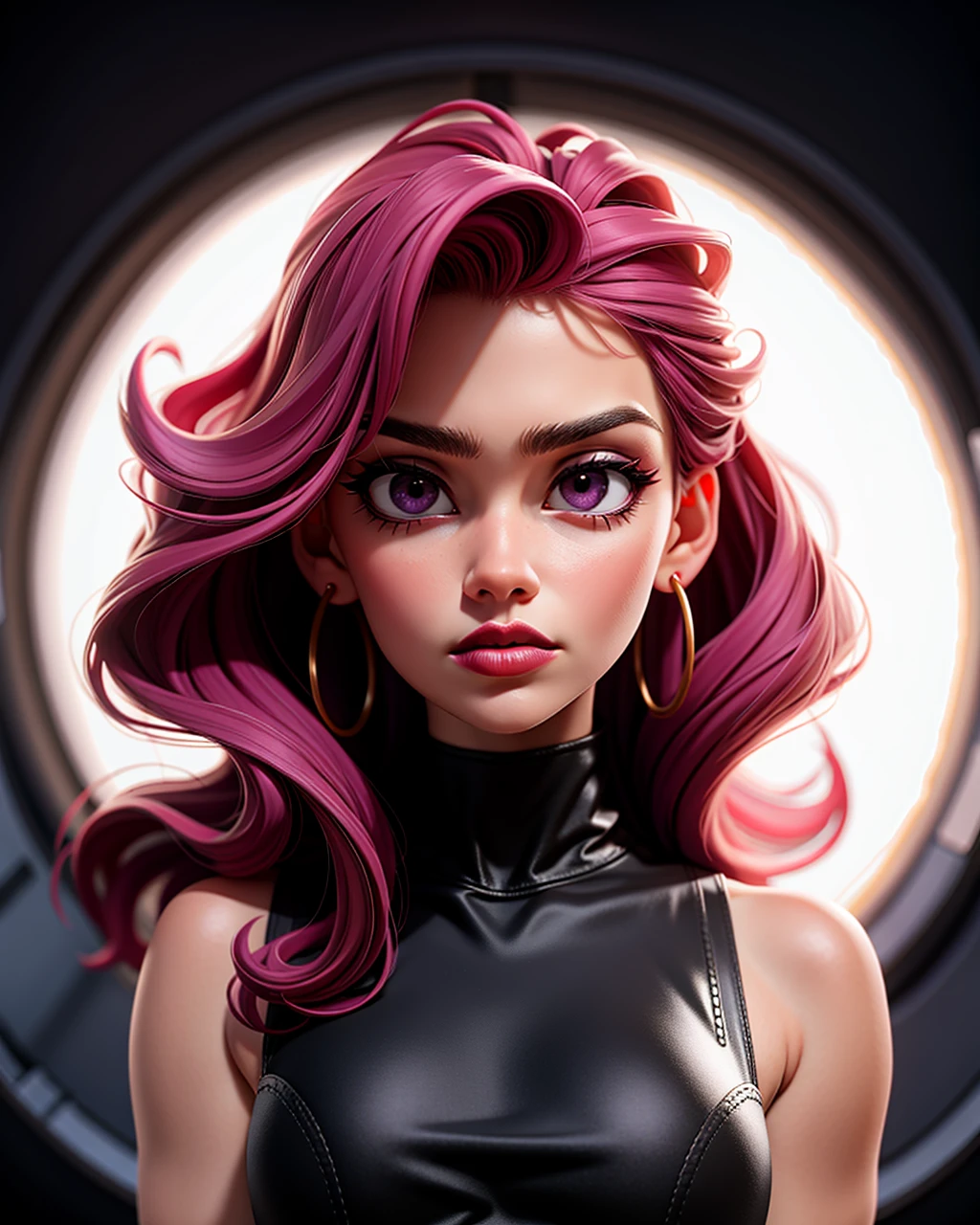 ((masterpiece), best quality, high quality, professional quality, highly detailed, highres, perfect lighting, natural lighting), Vestured, Queen, Average Height, Athletic, Triangular Face, Dark Skin, Red Hair, amethyst Eyes, Narrow Nose, Pouty Lips, Round Chin, Long Hair, Wavy Hair, Low Messy Bun, soft breasts, Hoop earrings, grape matte lipstick, The peacefulness of a distant space colony, with its domed structures and artificial lights shining in the darkness, The explosion unleashes a powerful shockwave, causing the ground to tremble and structures to crumble, perfecteyes eyes, <lora:lora_perfecteyes_v1_from_v1_160:1>