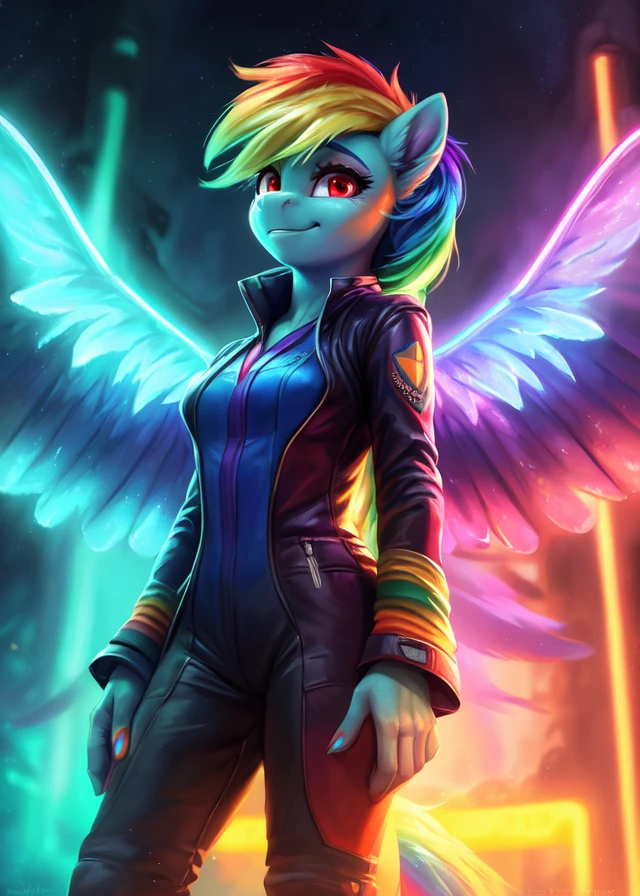 (by Ulitochka, by Levelviolet, by Zephyxus, by Glacierclear, by Kenket), (oil painting \(medium\), oil painting \(artwork\)),
solo female (((rainbow dash \(mlp\)), cyan body, neon light wings, red eyes), aviation suit), (looking at viewer, half-length portrait:1.3),
BREAK,
(standing at fantasy palace, glowing, fog, mist, nebula, neon light),
(detailed background, depth of field, half body shadow, sunlight, ambient light on the body),
(high detail:1.25), (unreal engine:1.25), (soft focus:1.25), (masterpiece, best quality, 4k, 2k, shaded, absurd res)