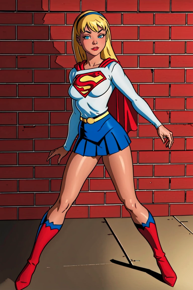 solo, looking at viewer, 1girl, full body, white long sleeve shirt, supergirl, brick wall background , hairband, cute face, white shirt, blue miniskirt <lora:Supergirl_Galatea:0.7> <lora:AlexRossstyleV2:1>