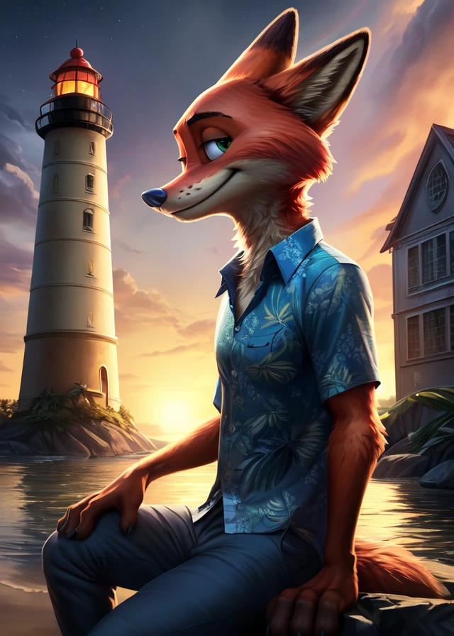 uploaded on e621, [(by Homogenousrule, by Wildering, by Foxovh, by Catcouch)::0.85],
solo (((nick wilde), three-quarter portrait) wear blue hawaii floral shirt with grey blue pants),
(sitting at island with plant and water on dusk night, cloud, glowing light, building, lighthouse),
BREAK,
(detailed background, depth of field, half body shadow, sunlight, ambient light on the body),
(intricate:0.7), (high detail:1.3), (unreal engine:1.3), (sharp focus:1.15),
[explicit content, questionable content], (masterpiece, best quality, 4k, 2k, shaded, absurd res)