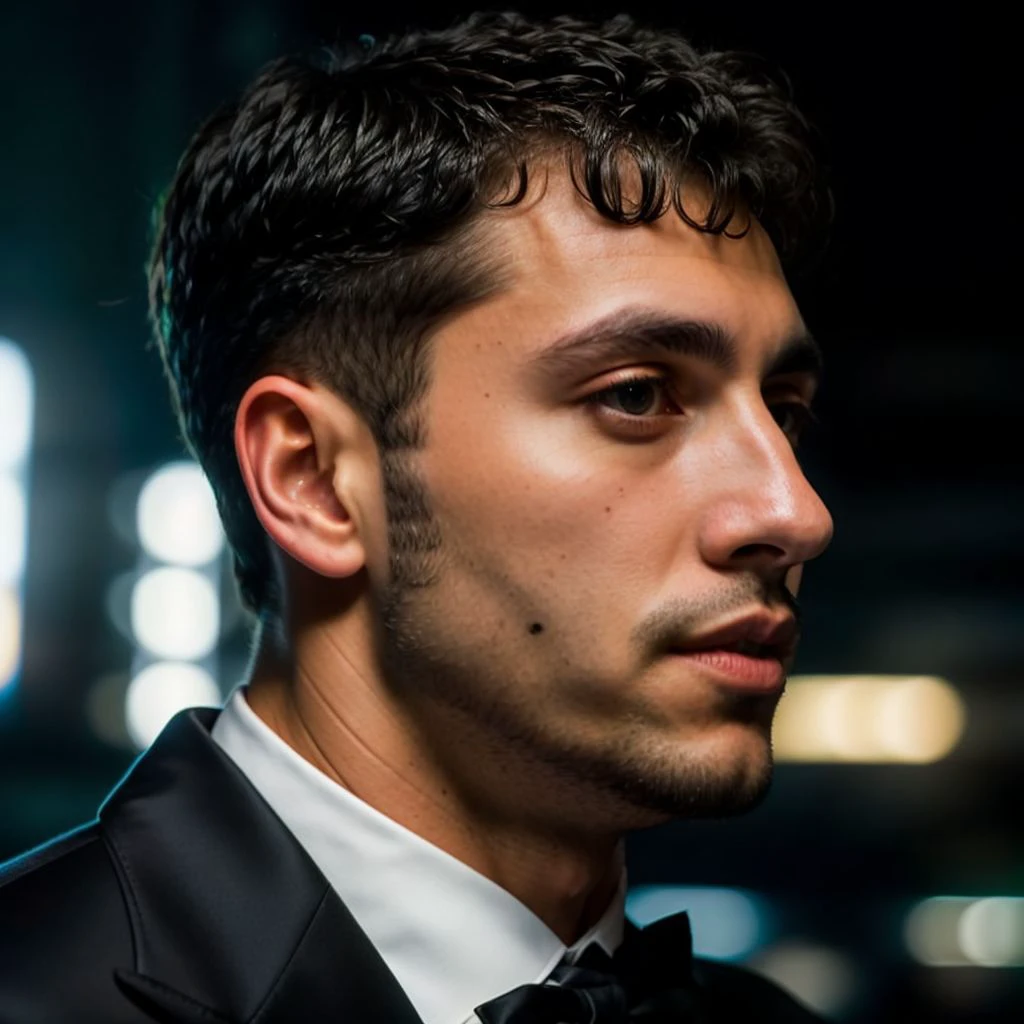 face portrait of joeydinallo person using a tuxedo, in blade runner, professional photography, high resolution, 4k, detailed photo, <lora:joeydinallo_26100:1>