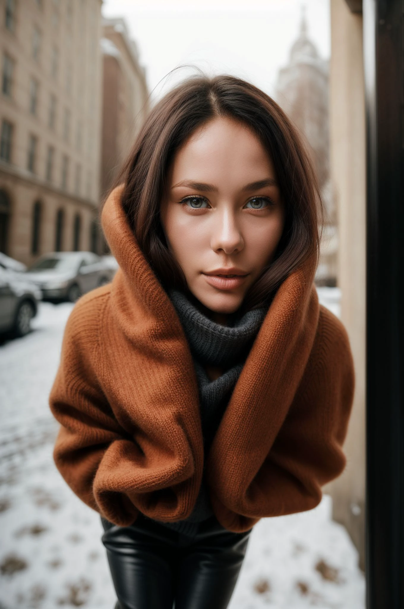 <lora:MilaM_SD15_v1.0:.75> MilaM, <lora:add_detail:0.8>(headshot:1.4) , close-up portrait by Chuck Close, 1girl, solo, rule of thirds, perfect compostion, detailed hair and face, detailed eyes, pupils perfect face, detailed nose, cheeks, (lips:1.2), ears, The model embraces classic winter elegance in a knee-length wool coat paired with knee-high leather boots. Underneath, she wears a turtleneck sweater and tailored trousers. Completing the look with a cashmere scarf and leather gloves, she s ready for a chilly day in the city. highly detailed, natural lighting,