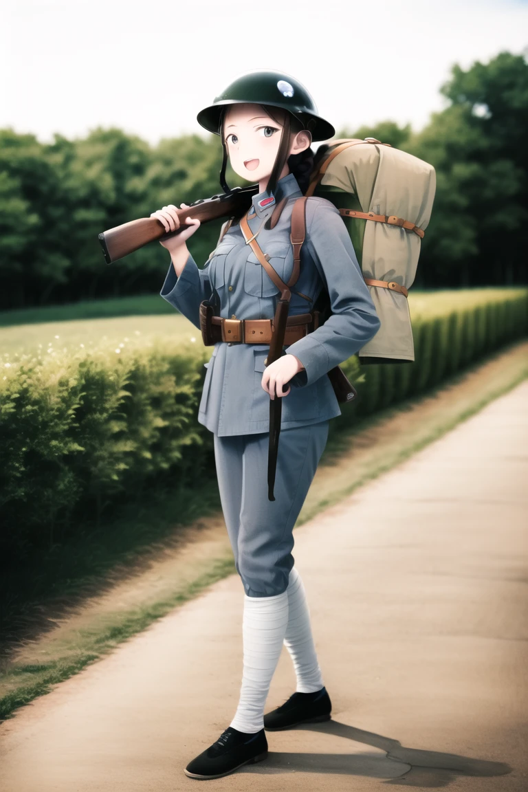 masterpiece, best quality, absurdres, high resolution, extremely detailed, 1girl, solo, <lora:NRAuniformv0:0.85>, leather belt pouch, black long hair, single braid, smile, open mouth, battlefield, outdoors, backpack,uniform, military_uniform, military, NRA1926,ufo helmet,helmet badge,armband,light blue uniform,rifle,bolt_action, holding_weapon,holding_gun,leg wrappings,leg_wrap, infantryman's puttee,black shoes,NRA soldier, large breasts, narrow waist, <lora:shimadaFumikaneStyle_v2:1>