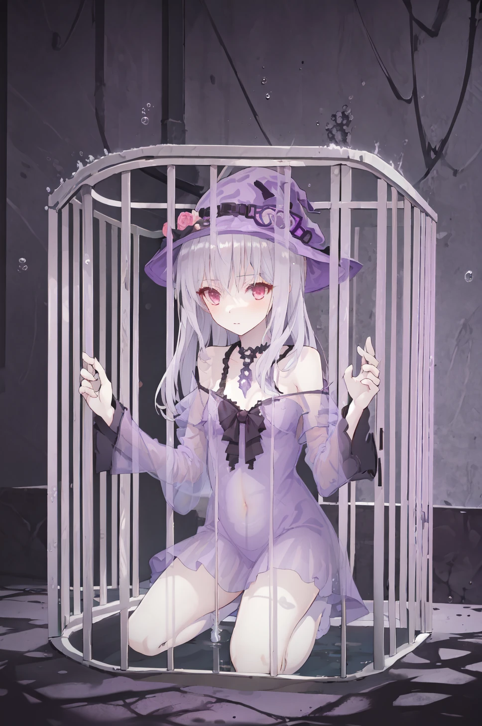 masterpiece,best quality, illustration, 1girl,(in cage:1.2),sakurakouji-luna,witch hat,(witch:1.3),off shoulder,purple  dress,  see-through sleeves,, kneeling,(underwater:1.1), bubble,   <lora:Concept-inCage:1.544> <lora:sakurakouji-lunaV2-000004:0.81>