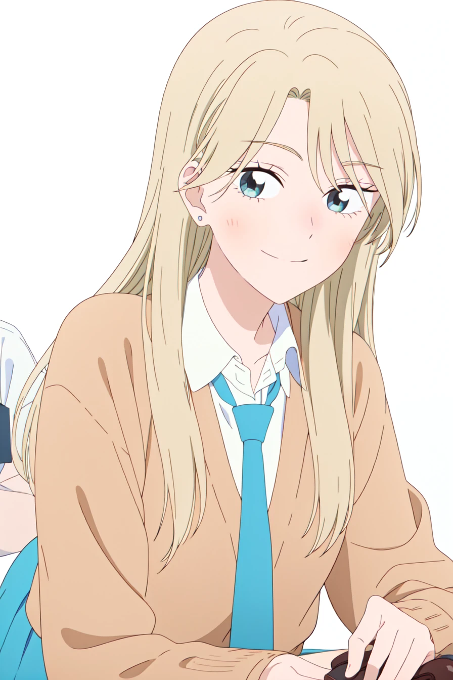best anatomy, detailed eyes, perfect eyes, yuzukiv1, long hair, grey eyes, 1girl, solo, looking at viewer, smile, blue eyes, skirt, blonde hair, simple background, shirt, long sleeves, white background, school uniform, white shirt, pleated skirt, necktie, shoes, socks, collared shirt, blue skirt, kneehighs, brown footwear, cardigan, red necktie, black socks, loafers, upper body, portrait, Kneeling with head thrown back, <lora:YuzukiV1:0.9>