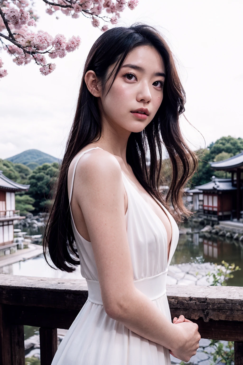 1girl,long hair, deep v white dress, kyoto background, pov, (upper body)