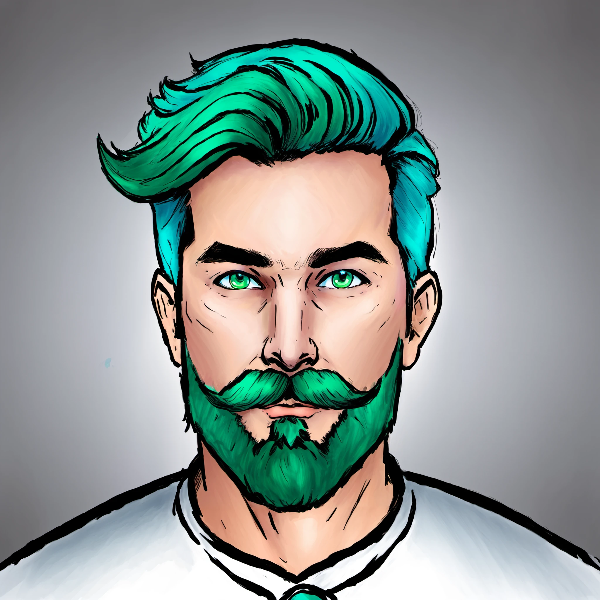 solo, looking at viewer, short hair, blue eyes, simple background, shirt, 1boy, male focus, green hair, grey background, facial hair, portrait, beard, mustache, masterpiece, official art,