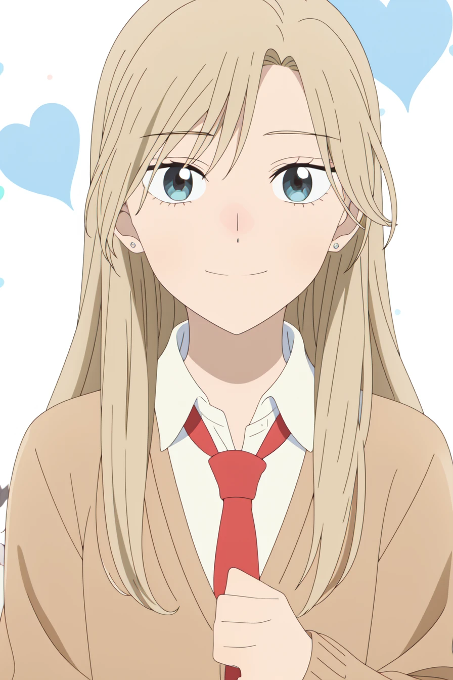 best anatomy, detailed eyes, perfect eyes, yuzukiv1, long hair, grey eyes, 1girl, solo, looking at viewer, smile, blue eyes, skirt, blonde hair, simple background, shirt, long sleeves, white background, school uniform, white shirt, pleated skirt, necktie, shoes, socks, collared shirt, blue skirt, kneehighs, brown footwear, cardigan, red necktie, black socks, loafers, upper body, portrait, Mimicking a ballet pose, <lora:YuzukiV1:0.9>