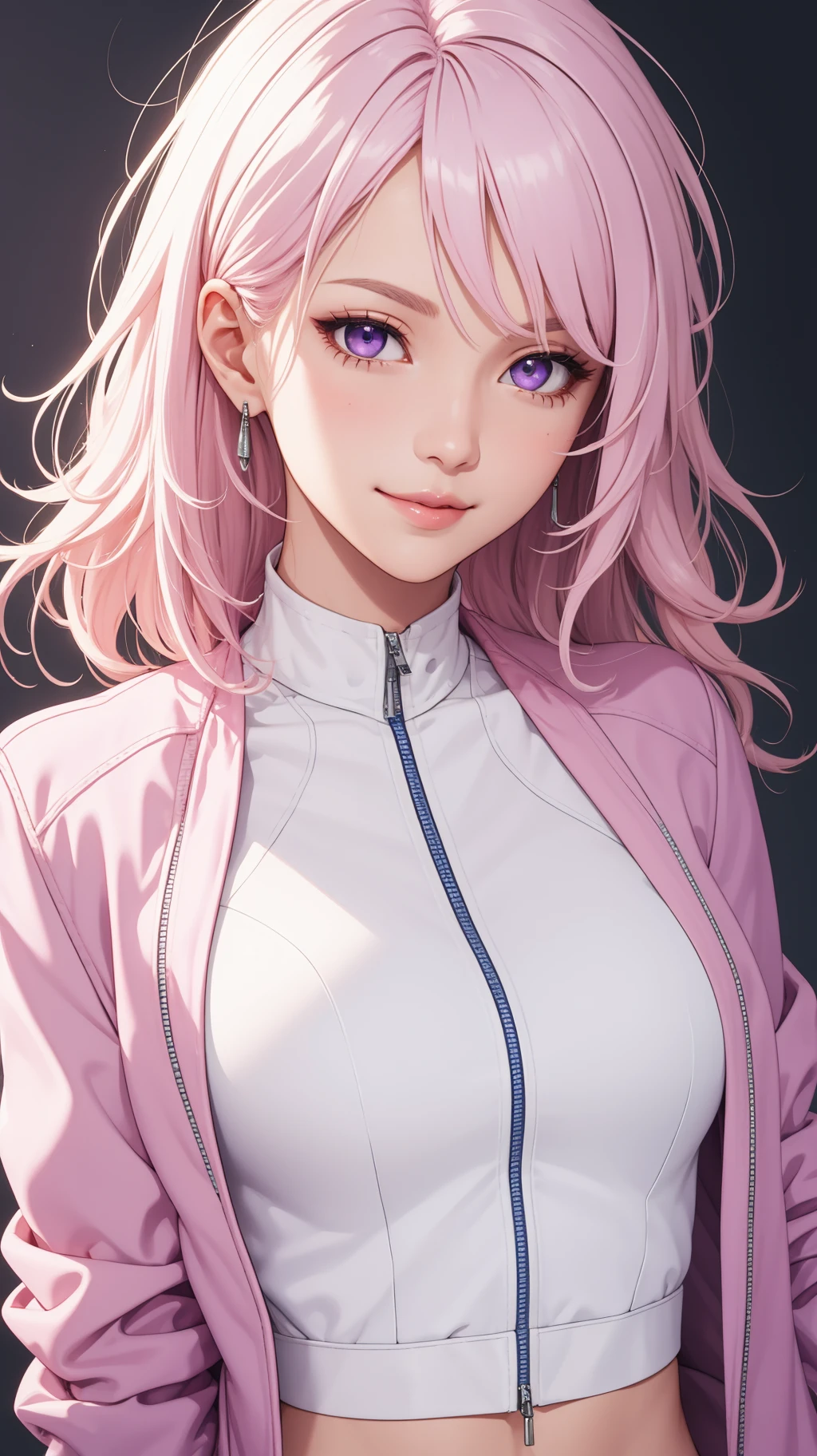 (masterpiece, best quality), intricate details, thin, ((slim)), beautiful girl, mature female, Light pink hair, white skin, light purple eyes, sharp jawline, cropped jacket, messy hair, lips, upper body, close up, smirk