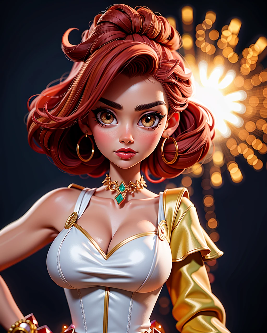 ((masterpiece), best quality, high quality, professional quality, highly detailed, highres, perfect lighting, natural lighting), A composition that challenges traditional notions of perspective and invites a fresh way of seeing, Garnet, Pearly luster that showcases a soft and luminous shine, Transparent crystals that refract light, casting beautiful prisms and rainbows, A series of explosions cascade like fireworks, painting the horizon with a fiery spectacle, Decked, Average Height, Narrow Hips, Square Face, Tan Skin, Chestnut Hair, gold Eyes, Wide Nose, Thick Lips, Receding Chin, Shoulder-Length Hair, Thick Hair, Updo, large breasts, Clip-on earrings, coral cream lipstick, perfecteyes eyes, <lora:lora_perfecteyes_v1_from_v1_160:1>