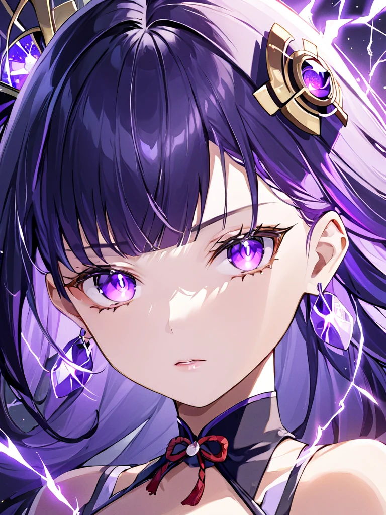 ultra-detailed,(best quality),((masterpiece)),(highres),original,extremely,<lora:leishen20:0.7>,leishen2,1girl,solo,raiden shogun,purple eyes,purple hair,looking at viewer,earrings,jewelry,long hair,parted lips,bangs,hair ornament,portrait,mole under eye,mole,upper body,electricity,eyelashes,hair between eyes,