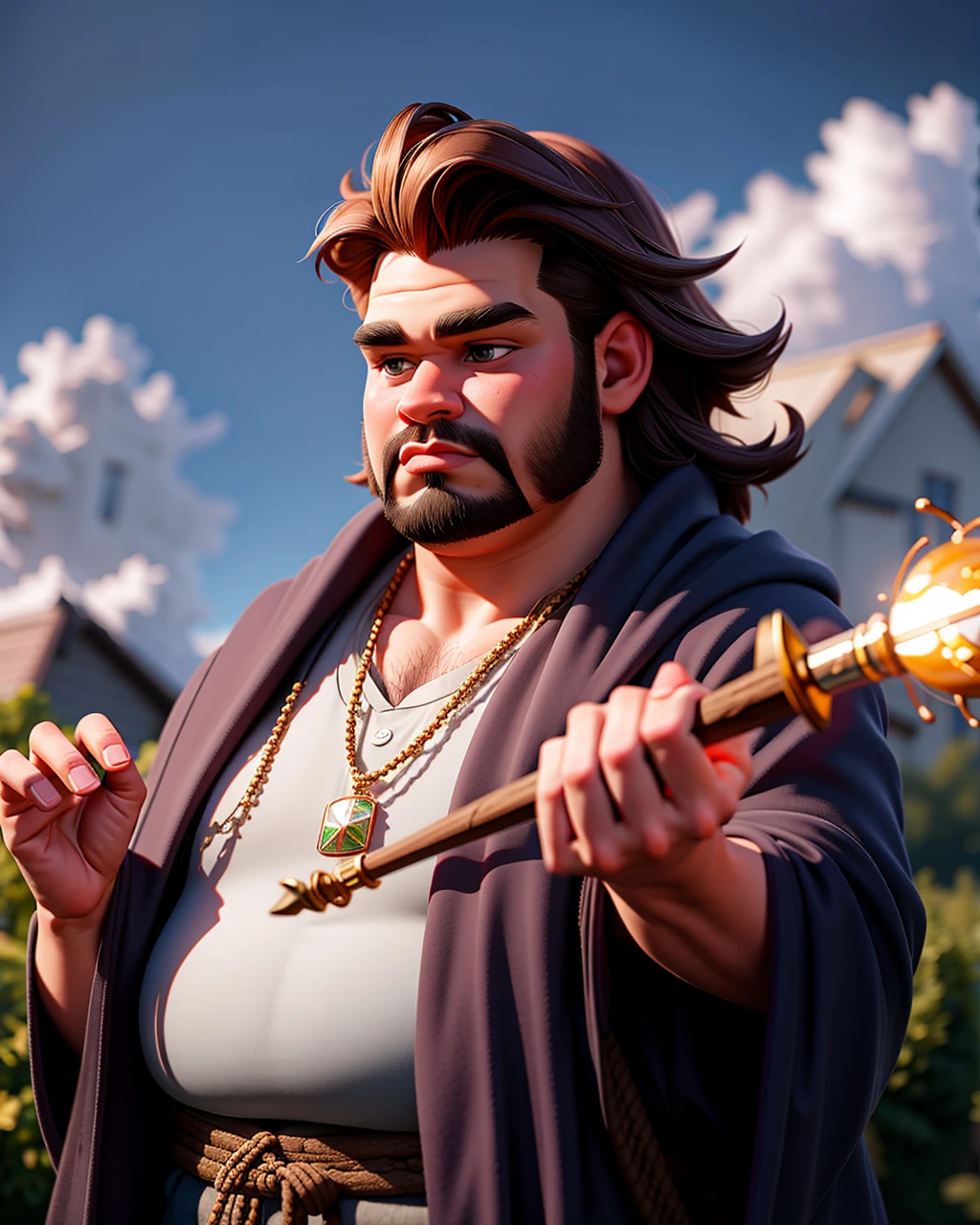 ((masterpiece), best quality, high quality, professional quality, highly detailed, highres, perfect lighting, natural lighting), (1boy, overweight, handsome, goatee, medium length hair, brown hair), wearing wizard robes, casting a spell, outdoors, perfecteyes eyes, <lora:lora_perfecteyes_v1_from_v1_160:1>