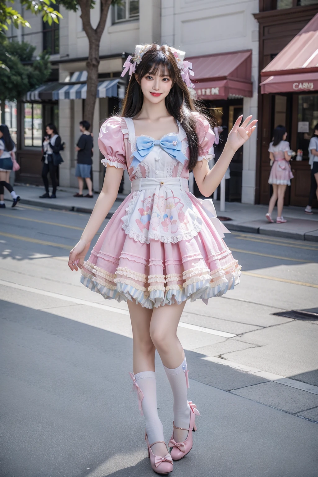 best quality, quality, masterpiece, photorealistic, 1girl, solo, full body, standing, long black hair, straight hair, blunt bangs, looking at viewer, smile, cyb dress, bow, apron, frills, puffy short sleeves, hair ornament, white thighhighs, high heels, amusement park, people, <lora:sweet_attire_style1_v1:0.65>