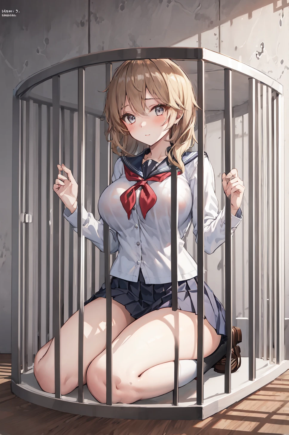 masterpiece,best quality, illustration, 1girl,(in cage:1.02), ,school uniform,pleated skirt, serafuku,  large breasts,  <lora:Concept-inCage:1.44>