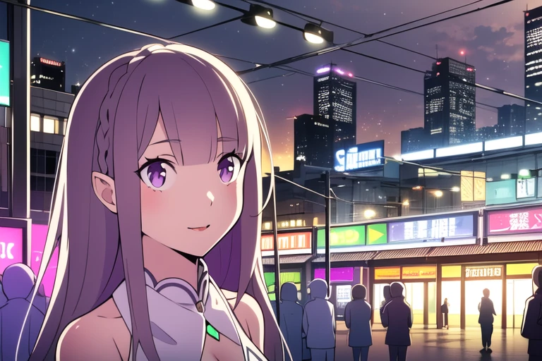 <lora:Emilia_V7:1> , EmiliaReZero in a tokyo street, 1girl, Anime, Dark Aesthetic, Neon sunset background, stylized cyberpunk black Tokyo market, indoor in the style of blade runner, stands illuminated by greens neon lights, crowded with cyborgs photorealistic background, 3 5 mm, grainy ruined film, dark color scheme, 4 k long shot