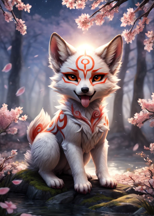 [(by Harriet Backer, by Ferdinand Knab, by Reylia Slaby, by Silverfox5213)::0.8],
solo (chibi quadruped feral:1.35) ((amaterasu)), okami \(capcom\), (tongue out),
sitting at cherry blossom forest, dusk night sky, water
BREAK,
(detailed background, depth of field, shadow, sunlight, ambient light on the body, backlighting),
masterpiece, best quality, ultra realistic, 4k, 2k, (high detail:1.3),
(3d \(artwork\):1.2), blender \(software\), soft focus,
ray tracing, (unreal engine:1.3), absurd res