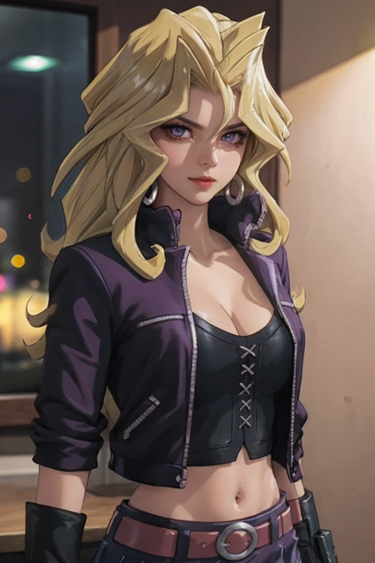 <lora:ANIME_mai_valentine_ownwaifu:0.8> anime_mai_valentine_ownwaifu, www.ownwaifu.com, blonde hair, long hair, breasts, purple eyes, cleavage, jewelry, earrings, jacket, navel, midriff, gloves, medium breasts, skirt, lipstick, belt, makeup, miniskirt, fingerless gloves, official art,extremely detailed CG unity 8k wallpaper, perfect lighting,Colorful, Bright_Front_face_Lighting,shiny skin, (masterpiece:1.0),(best_quality:1.0), ultra high res,4K,ultra-detailed, photography, 8K, HDR, highres, (absurdres:1.2), Kodak portra 400, film grain, blurry background, (bokeh:1.2), lens flare, (vibrant_color:1.2),professional photograph, (beautiful_face:1.5),