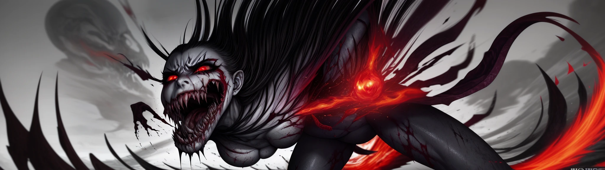 aggression,anger,hatred,violence,decapitation,red ,divine fury and wrath,beautiful destruction,deadly beauty,haunting eyes,perfect teeth,perfect face,depth_of_field,hard shading,nebulous_eyes,corrupted veins,poisonous breath,void energy,bending space and time,by her will,void waves in her wake
