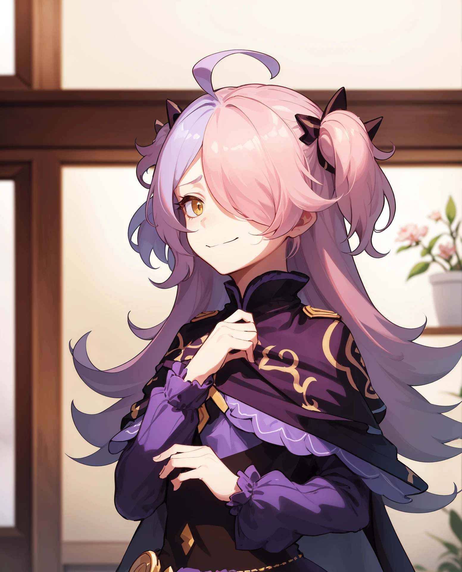 ((masterpiece, best quality, high detailed:1.2)), 8k uhd, 1girl, slender, solo, <lora:SinMal_MultiVersionV1-08:0.8>, sin gakuen alter, sin alter dress, ((closed mouth, smirk:1.2)), purple dress, (small breasts), long hair, ((two tone hair, pink hair)), ((capelet:1.4)), indoors, ((upper body, looking at viewer:1.2)), night, vivid colors, ((petite, two side up, hair covering one eye, long sleeves))