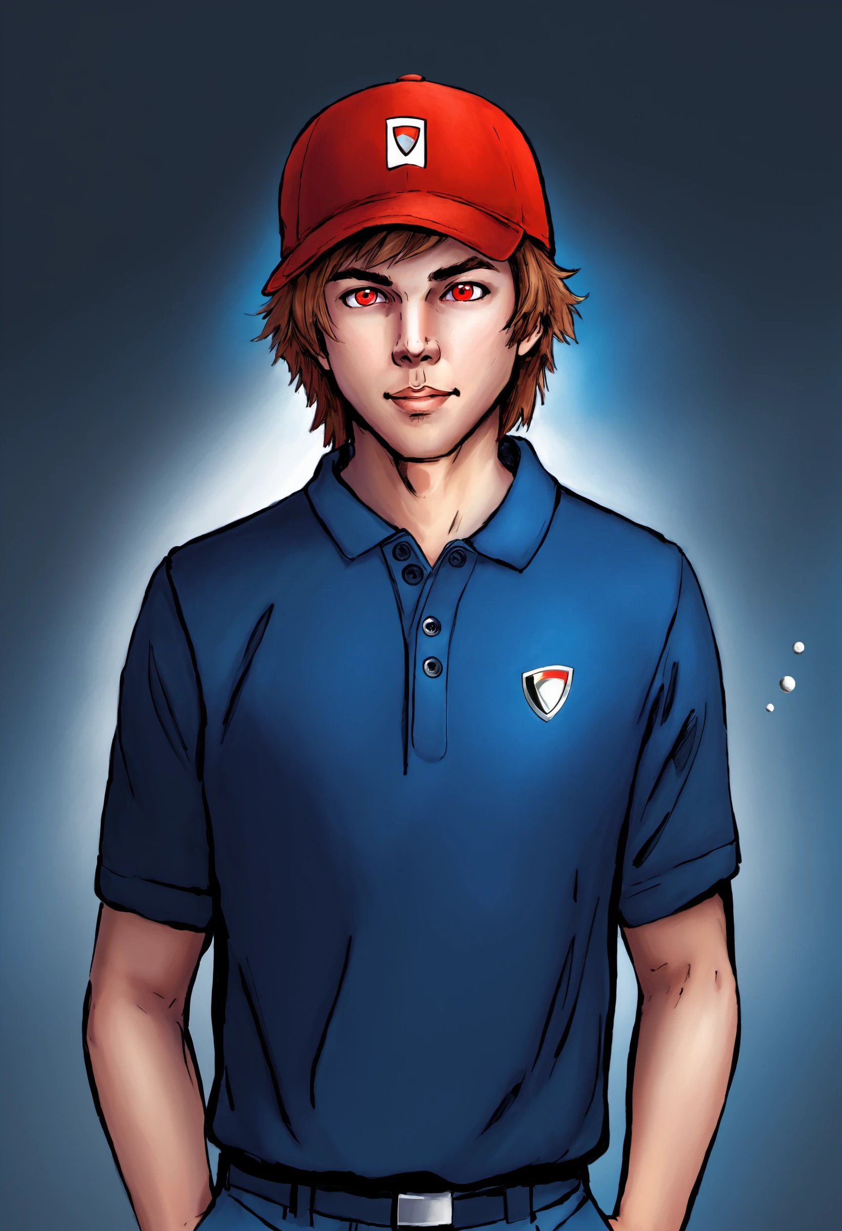 (masterpiece, best quality:1.2), (absurdres, highres, ultra-detailed), (perfect anatomy), best illustration, 1boy, solo, male focus, looking at viewer, upper body, brown hair, red eyes, teeth, , golf cap, science fiction hard science fiction, 2k resolution
