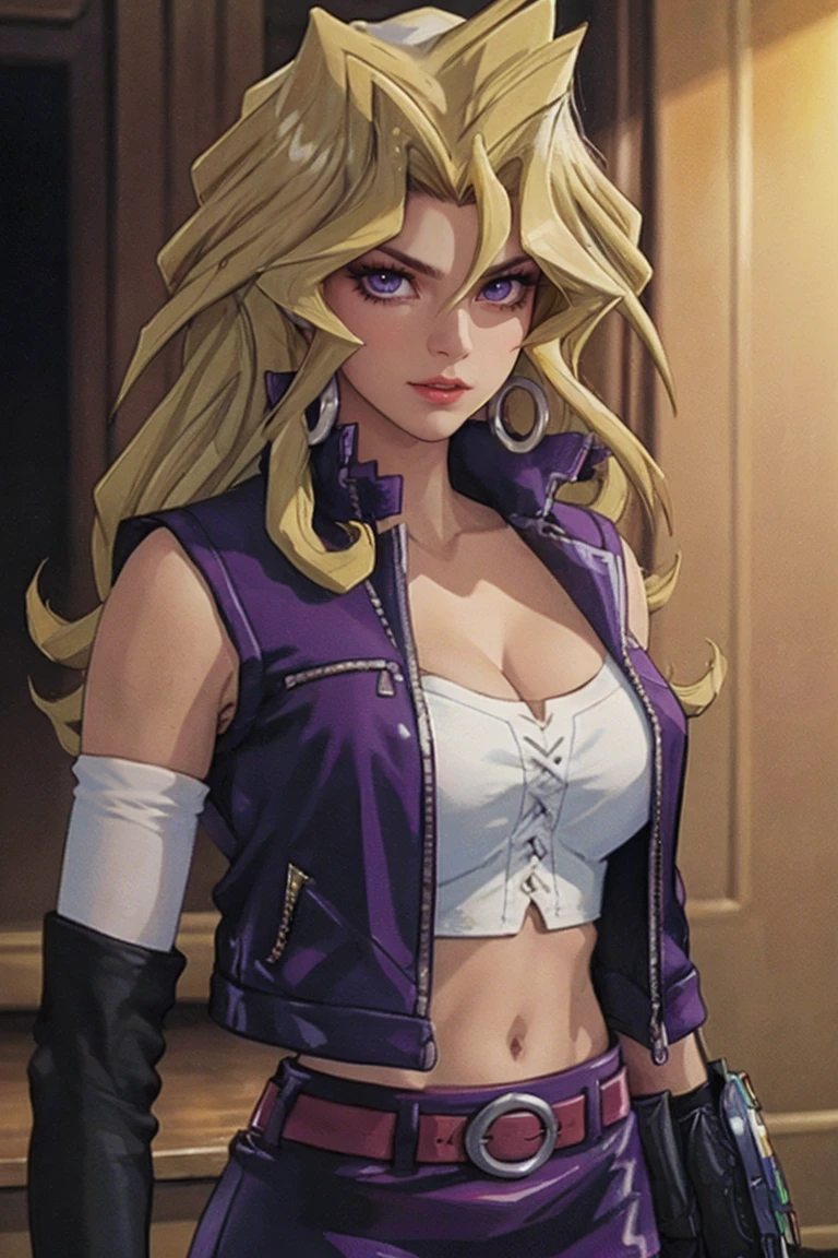 ANIME_mai_valentine_ownwaifu, www.ownwaifu.com, 
blonde hair, long hair, breasts, purple eyes, navel, medium breasts, lipstick, makeup, bangs, hair between eyes, large breasts, collarbone, very long hair, eyelashes, red lips, spiked hair, hair intakes, 
cleavage, jewelry, earrings, jacket, midriff, gloves,skirt, belt, miniskirt, fingerless gloves, vest, elbow gloves, open clothes, pencil skirt, detached sleeves, purple skirt, thighhighs, open jacket, purple jacket, 
<lora:ANIME_mai_valentine_ownwaifu-15:0.8> ,, official art,extremely detailed CG unity 8k wallpaper, perfect lighting,Colorful, Bright_Front_face_Lighting,shiny skin, (masterpiece:1.0),(best_quality:1.0), ultra high res,4K,ultra-detailed, photography, 8K, HDR, highres, (absurdres:1.2), Kodak portra 400, film grain, blurry background, (bokeh:1.2), lens flare, (vibrant_color:1.2),professional photograph, (beautiful_face:1.5),