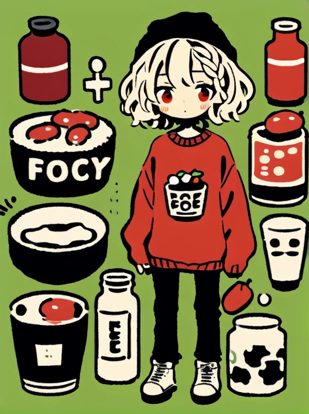 masterpiece, best quality,
cute doodle, 1girl, shoes, black pants, food, solo, pants, red eyes, sweater, white footwear, bottle, white hair, long sleeves, short hair, blush, full body, medium hair, cup, green background, simple background, braid, jewelry, standing, limited palette, bangs, shirt
<lora:cutedoodle_XL-000012:0.8>