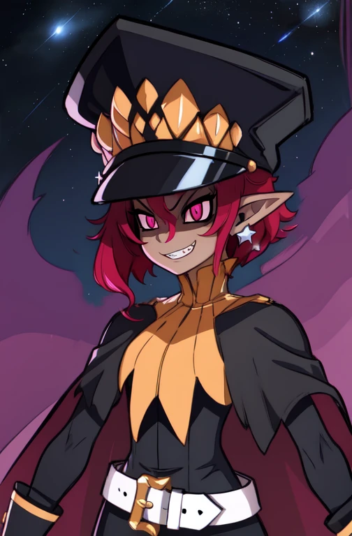 Psychic, short lavender hair , pink eyes,pointy ears , evil grin,
standing, upper body,
white gloves, earrings, white belt , black uniform with long sleeves ,shako cap, cape,
stars, military base, night, outdoors,
(insanely detailed, beautiful detailed face,beautiful detailed eyes, masterpiece, best quality)
<lora:Psychic-10v6:0.8>