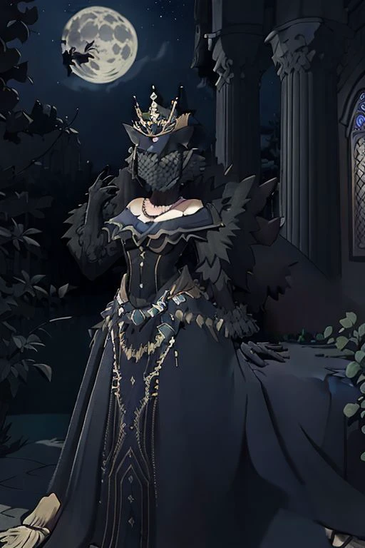 fullbody ,pose ,  Gremory,pose, black A-line dress, a veil that covers most of her face,  faux fur wrap shawl on her shoulder, black glove, hat with crown ,necklace ,choker , moonlight, masterpiece, best quality,<lora:2R 12E CosineRestart Animefullpruned Locon Lycoris:0.4> , indoor, castle , (looking at viewer:1.5), center of the picture, night, under the  moon, moonlight, sitting