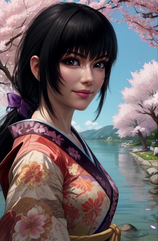 Aoi, black hair, bangs, low ponytail, black eyes,
solo, upper body, close up, smile,
red kimono with floral print, purple hakama, yellow rope belt, middle of lake, cherry blossoms,
(insanely detailed, beautiful detailed face,beautiful detailed eyes, masterpiece, best quality)
<lora:Aoi-10v7:0.8>