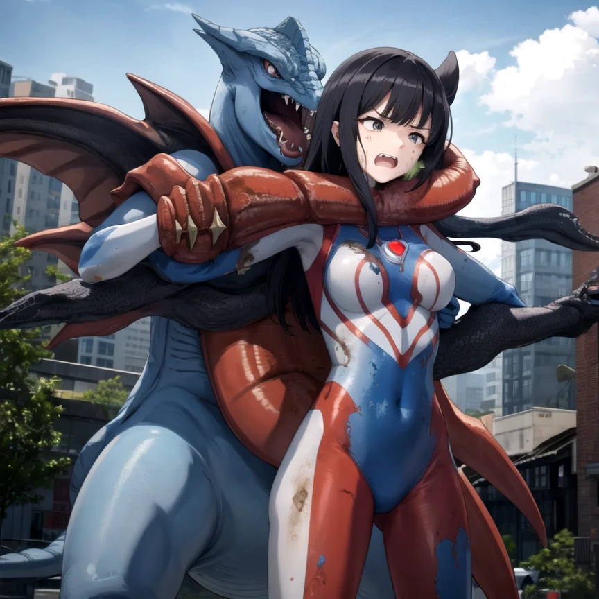 masterpiece,best quality,highly detailed,1girl,solo,takarada rikka,ssss.gridman,medium hair,black hair,blue eyes,large breasts,
<lora:Ultgp-16b:0.7>,(ultgp :1),red ultraman bodysuit,clenched teeth,one eye closed,struggling,giantess,giant,
BREAK
<lora:TighteningAttackEleking:0.7>,tail,tentacles,alien,strangling,bound,bdsm,dinosaur,science fiction,bondage,giant,giantess,(dragon,kaijuu),wading,partially submerged,