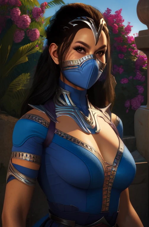 ((Nude kitana from mortal kombat series))(she has big glowing blue eyes)(red lips) (long straight black hair)((very huge breasts)) (perfect slim body) (nude and blue mask, long blue gloves long blue stockings) (hold on hand 2 metal fan) (she is inside a dark and goomy temple) (high definition, volumetric lights and dinamic shadows)((masterpiece))(8k)(perfect face)(ultra details) (perfect hands, eyes, and face)