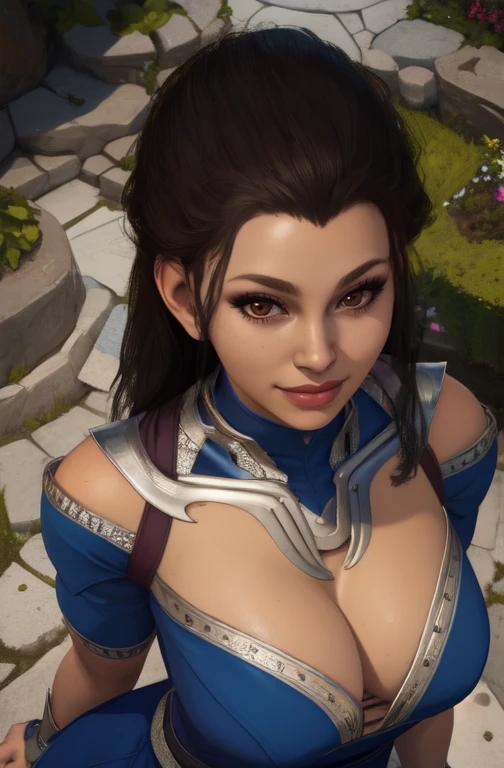 KitanaMK1, black hair, brown eyes,  jewelry, blue dress, cleavage,  lips, 
looking at viewer, royal garden. morning, navel,  smile, 
from above, 
 standing,upper body,(insanely detailed, beautiful detailed face, masterpiece, best quality), <lora:KitanaMK1-10v8:0.7>