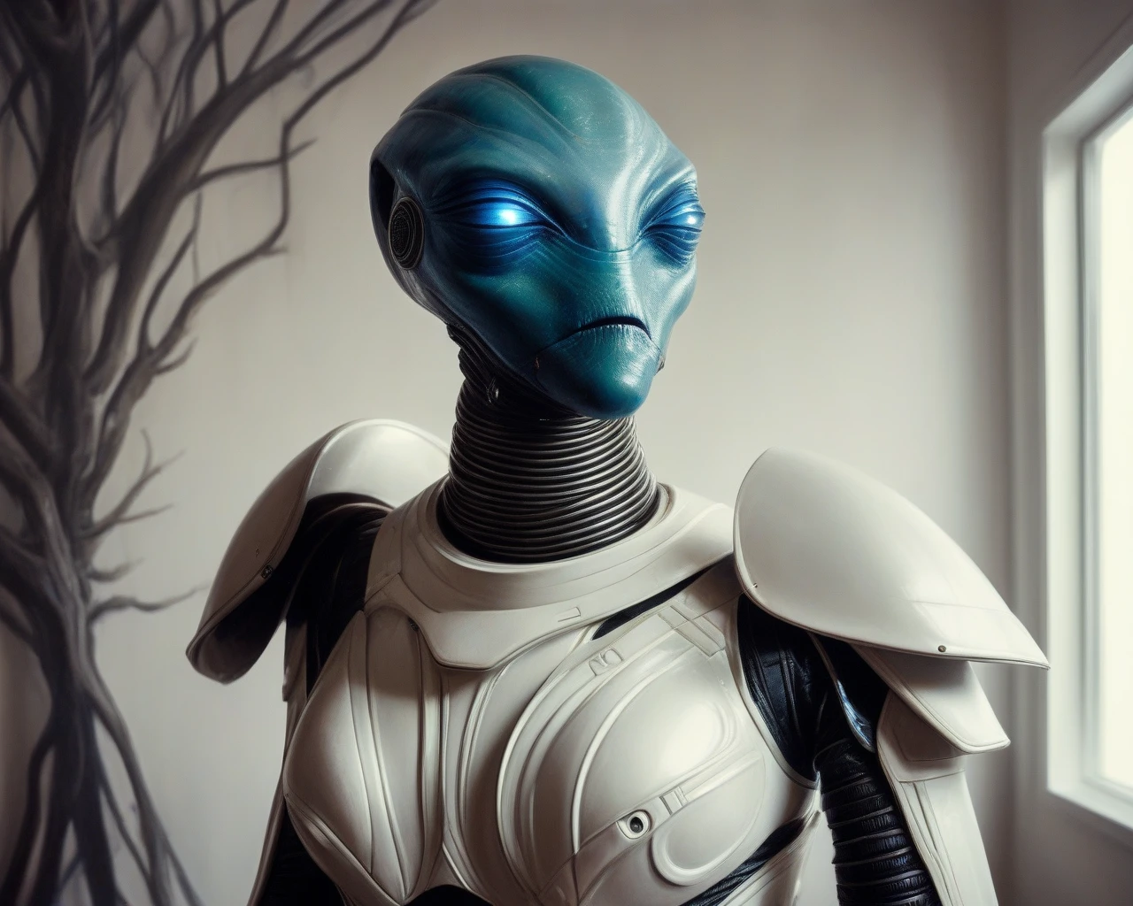 There is a silver alien with a black face and a white body., Female Alien, Gray aliens, Foreign women, Gray aliens, Alien Girl, portrait of a Gray aliens, happy Female Alien, Beautiful barefoot girl alien, Alien Grey, Realistic Aliens, portrait of a humanoid alien, Reptilian Alien, Alien Search, movie still of the Alien Girl