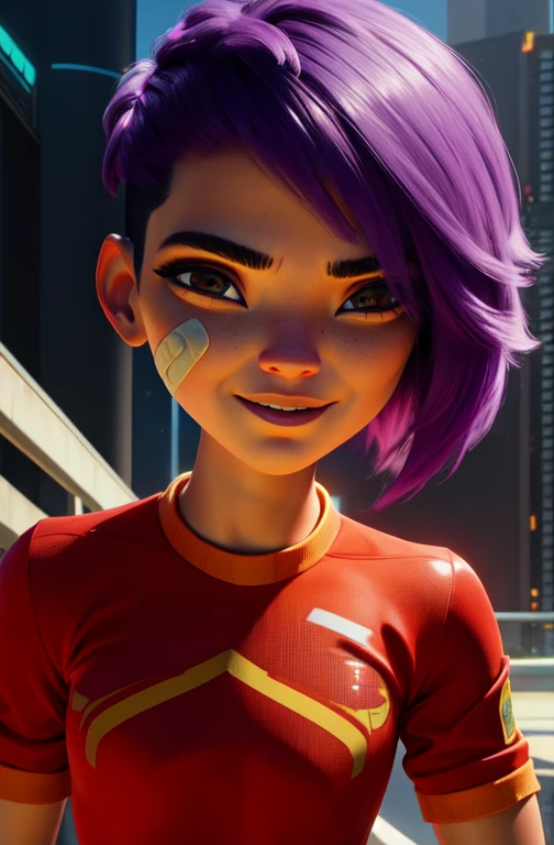 mai, short hair, bandaid on face, purple hair, hair over one eye, brown eyes,
red sweater, orange shorts, kneehighs,
standing, upper body,
cyberpunk, soccer field, morning, light smile,
(insanely detailed, beautiful detailed face,beautiful detailed eyes, masterpiece, best quality)
<lora:maisu:0.7>