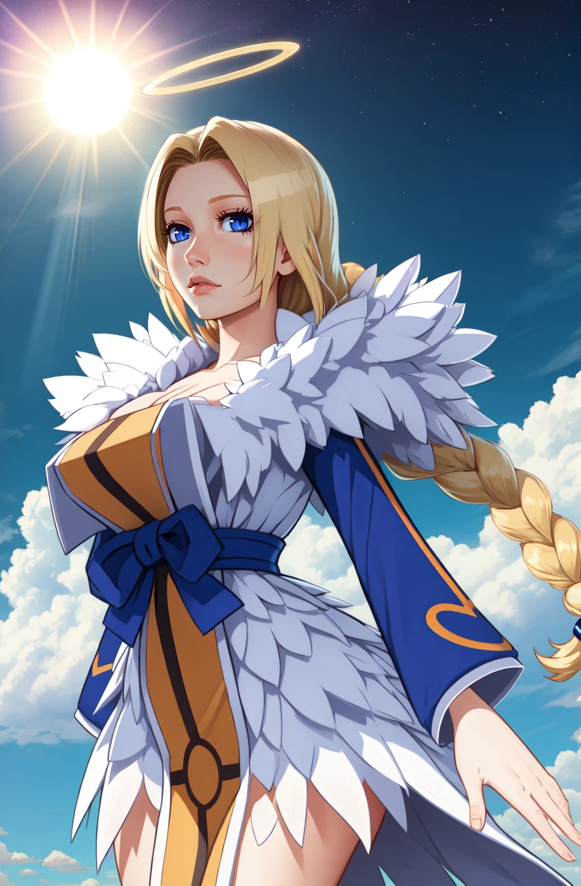 CelestialHostess,blonde hair with a single braid, blue eyes, short hair, solo, 
floating, cleavage, white and blue dress, fur trim, pelvic curtain, halo above head, long sleeves,
 in the sky, clouds, sun, stars 
(best quality, masterpiece, beautiful and aesthetic:1.2, highest detailed face, perfect face,) <lora:CelestialHostess-10v7:0.8>