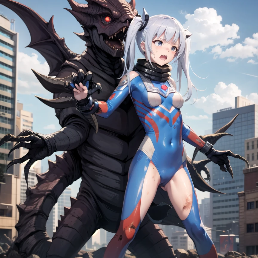 masterpiece, best quality, highly detailed, 1girl, twintails, (soiled :1.3), painful face, struggling, ultragirl, ultraman red bodysuit, small breasts, detailed ruined building, city, (standing :0.8), giantess, giant, between buildings, 
BREAK
monster, battle, fangs, restrained, (strangling from behind), multiple monsters, (kaijuu), grabbing, asphyxiation, tentacle around neck
<lora:Ultragirl-LoRA9-4-000004:1>