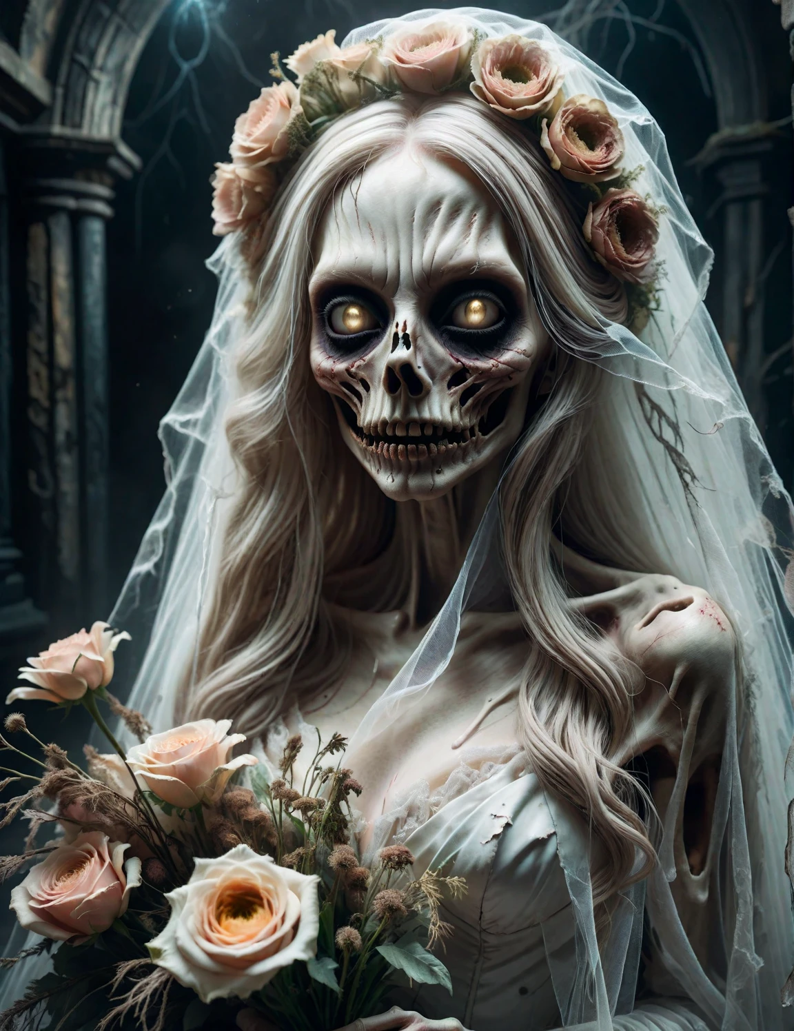 <lora:SDXLGhostStyle:0.6> GhostlyStyle, up close, 8k, extremely detailed, digital art of an undead beautiful bride, long pale hair, ripped dirty wedding veil, luminous eyes, high quality, portrait, holding a bouquet of withered flowers
