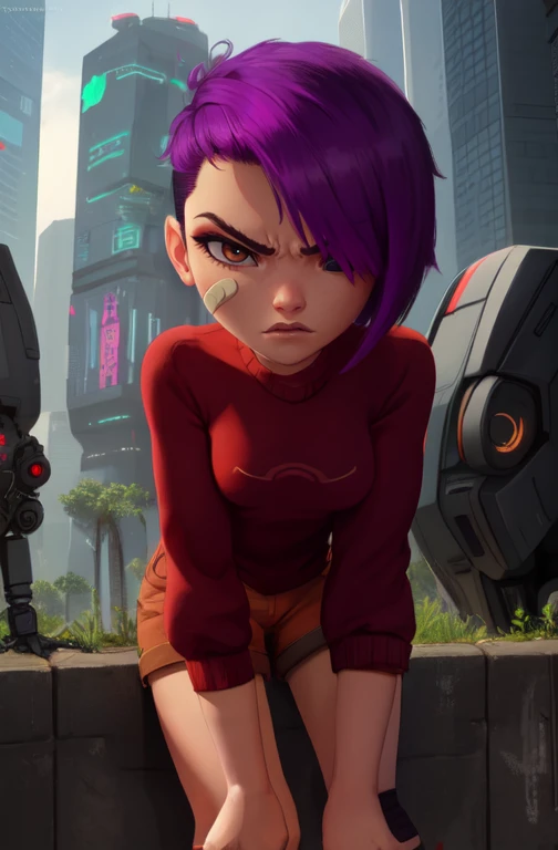 mai, short hair, bandaid on face, purple hair,  hair over one eye,  brown eyes, 
orange shorts,    red shirt, long sleeves,  kneehighs, 
upper body,  robots,   leaning forward,   angry, 
cyberpunk,  soccer field, morning, 
(insanely detailed, beautiful detailed face,beautiful detailed eyes, masterpiece, best quality) 
 <lora:maisu:0.7>