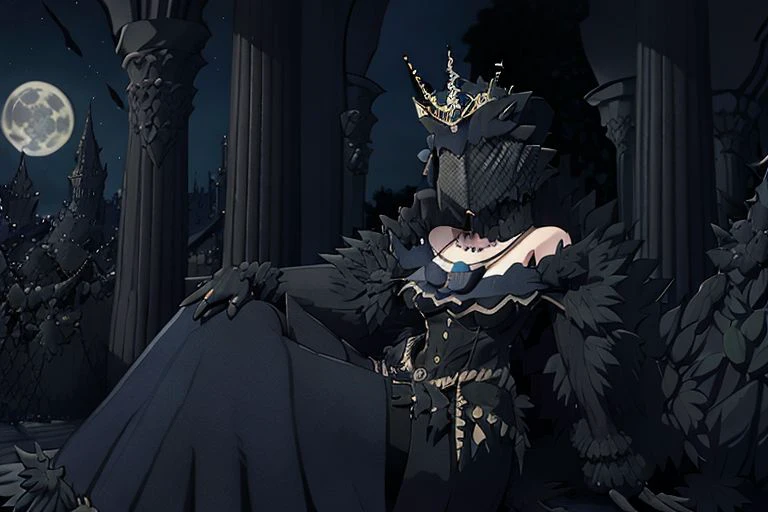 fullbody ,pose , 4 Gremory,pose, black A-line dress, a veil that covers most of her face,  faux fur wrap shawl on her shoulder, black glove, hat with crown ,necklace ,choker , moonlight, masterpiece, best quality,<lora:2R 12E CosineRestart Animefullpruned Locon Lycoris:0.4> , indoor, castle , (looking at viewer:1.5), center of the picture, night, under the  moon, moonlight, sitting