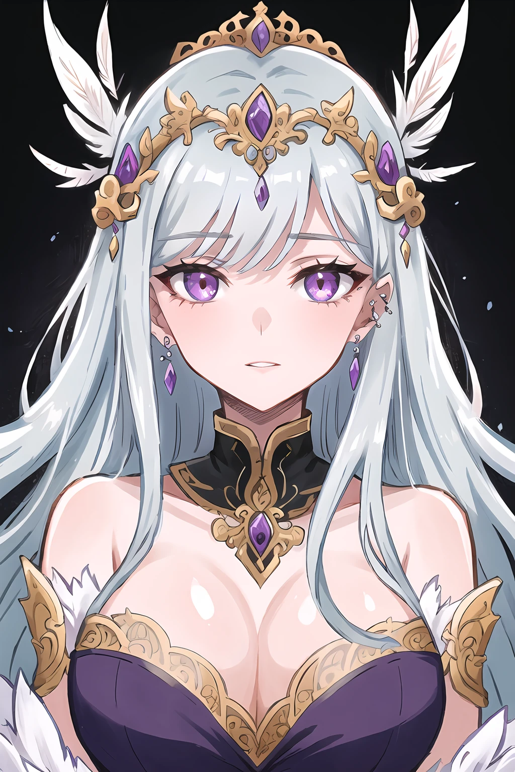 A mesmerizing digital portrait of a charismatic woman with piercing violet eyes, adorned in an ornate headdress, surrounded by vibrant blossoms and delicate feathers