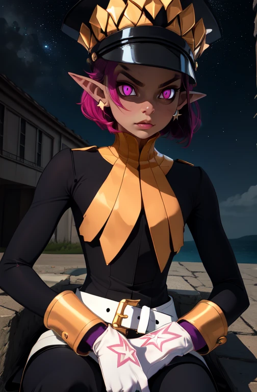 Psychic, short lavender hair , pink eyes,pointy ears , flat chest,
upper body, sitting, purple lightining,
white gloves, earrings, white belt , black uniform with long sleeves , shako cap,
stars, military base, night, outdoors,
(insanely detailed, beautiful detailed face,beautiful detailed eyes, masterpiece, best quality)
<lora:Psychic-10v6:0.8>