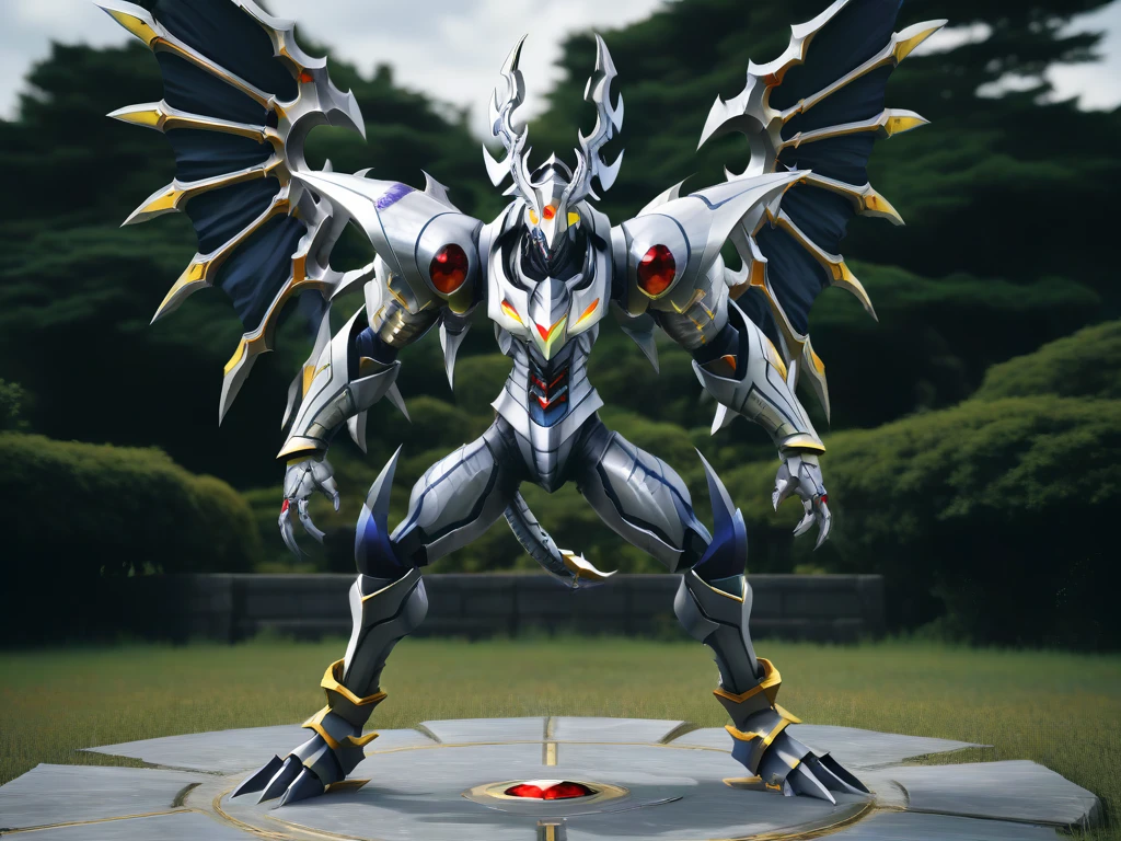 full body,solo,dorugoramon,full body,fighting stance,outdoors,wings,horns,yellow eyes,forehead gem,red gem,raw photo,8k,cinematic shot,realistic,<lora:DORUgoramonXL:0.8>