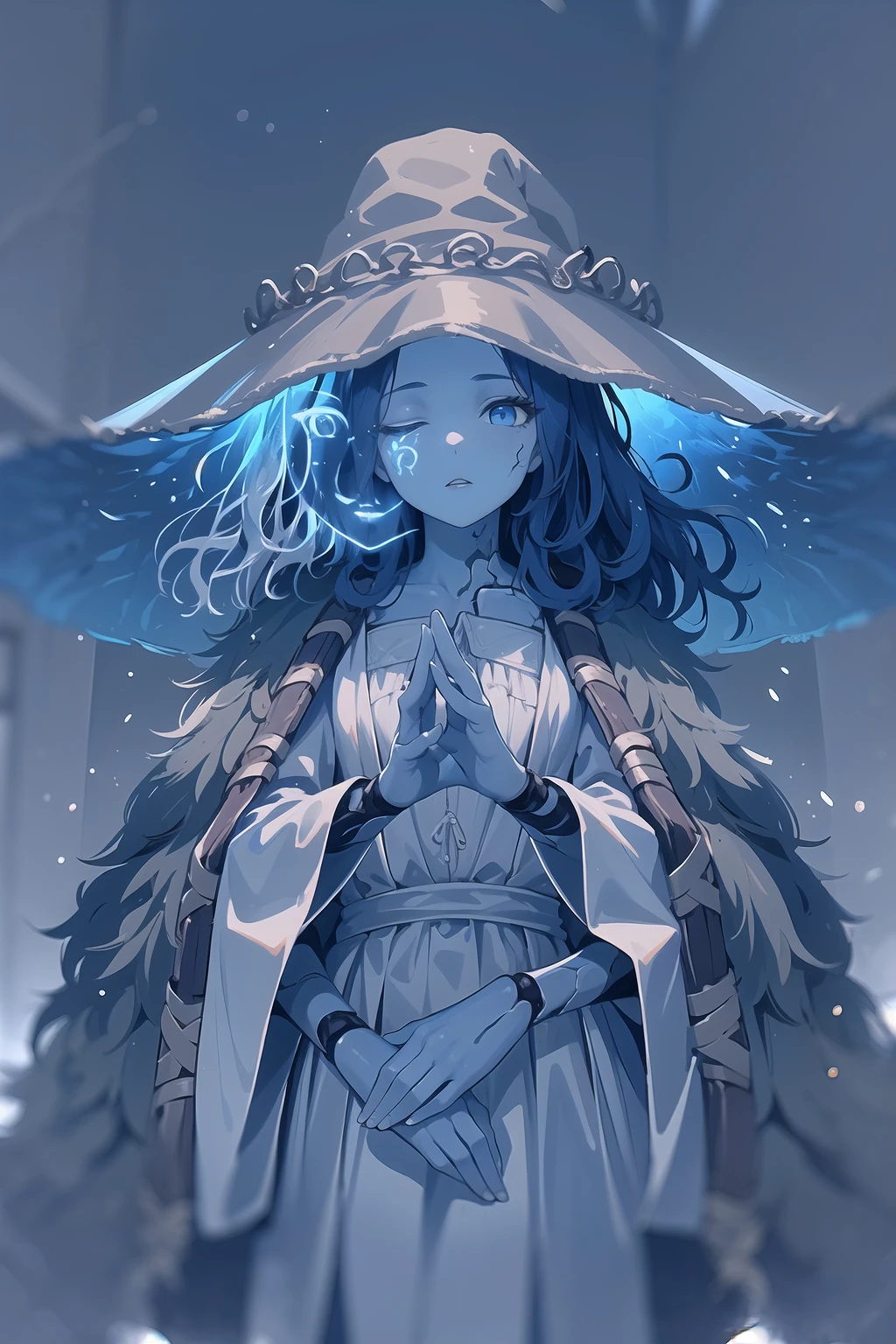 masterpiece, best quality, IncrsRanni, wavy hair, cracked skin, colored skin, blue skin, extra faces, extra arms, <lora:RanniV4LoRA:1>, doll, joints, doll joints, white dress, hat, cloak, own hands together, looking at viewer, cowboy shot