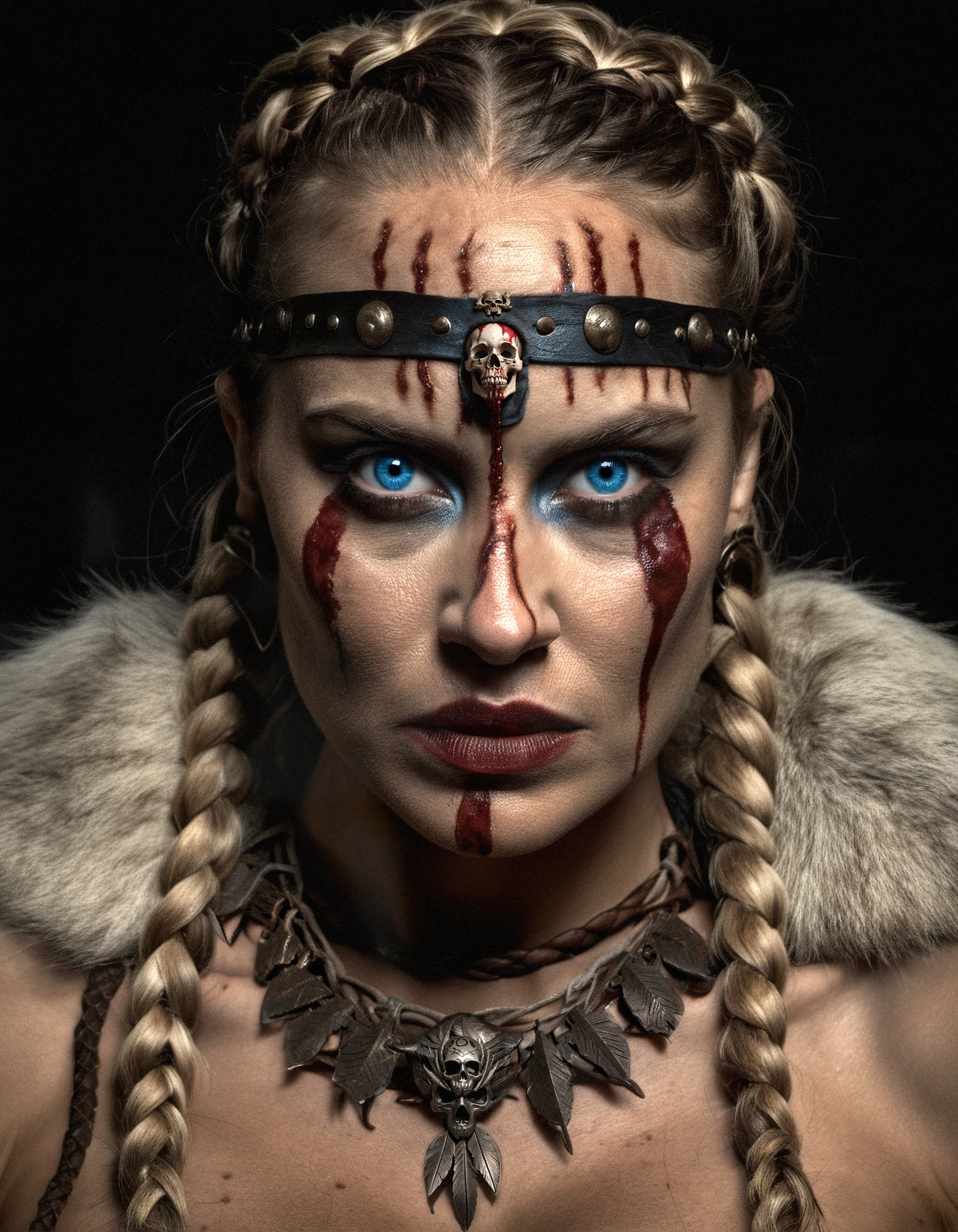 cinematic film still dramatic side lighting, dramatic intense stare closeup portrait, dark black background, hdr, dramatic beautiful warrior woman with warrior face paintings and blood, viking braids, blue eyes, pelt, skull necklace, shallow depth of field, vignette, highly detailed, high budget Hollywood film, cinemascope, moody, epic, gorgeous