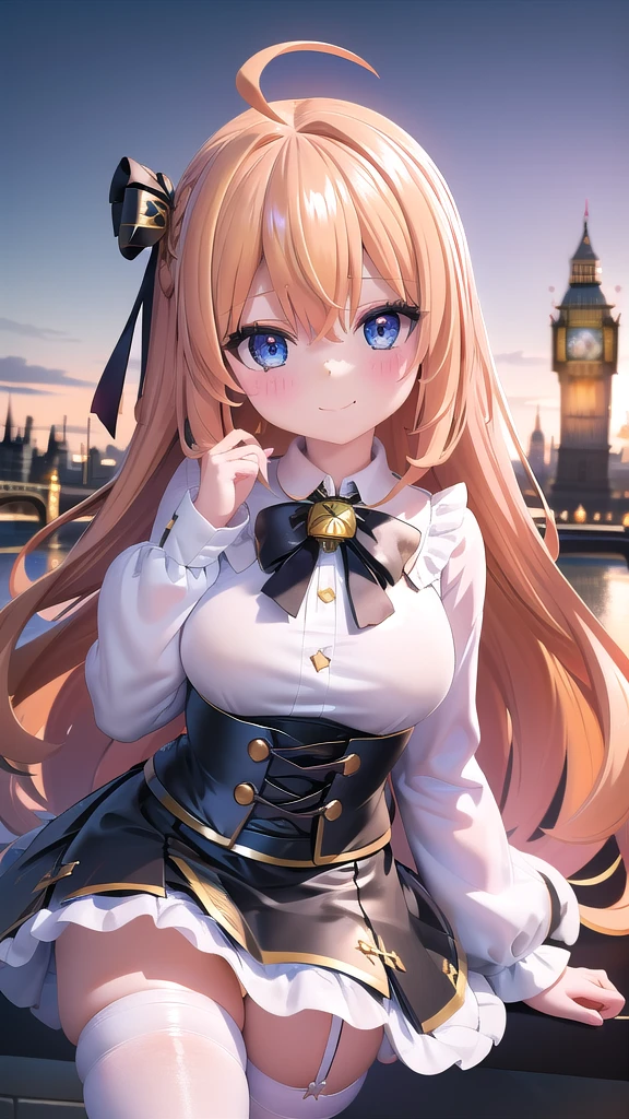 one cute girl,short stature,(chibi:1.4)Early twenties,(long straight hair),blue eyes,blonde hair,pale freckles,((two ahoge)),plump,large thighs,large breasts,
white blouse,white long sleeves,black corset,reddish brown long skirt,black garter tights,Star-shaped hairgrip,rustic,young lady,Metatron the Archangel
smile,closed mouth,
(london background,big ben),sense of depth,4k,absurdres,(from above),dynamic angle,best quality,masterpiece,Detailed illustration,Destructive art,opulent,